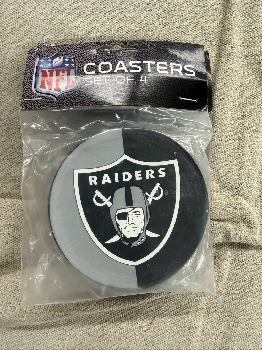 NFL Raiders Round Vinyl Coaster Set of 4 - Black & Gray